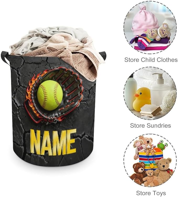 Personalized Softball Laundry Hamper Custom Name Funny Dirty Clothes Laundry Basket Portable Storage Basket For Home Bathroom Family Softball Lovers Xmas Birthday (style 5)
