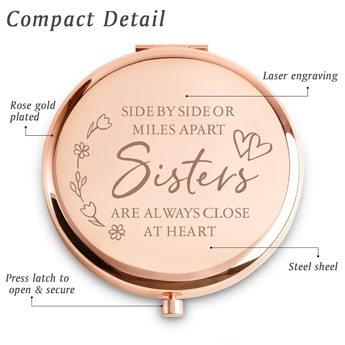 Personalized Gifts for Sister, Custom Sister Gifts for Birthday, Engraved Compact Mirror for Women Girls BBF Bestie Friends, Mothers Day Basket Stuffers
