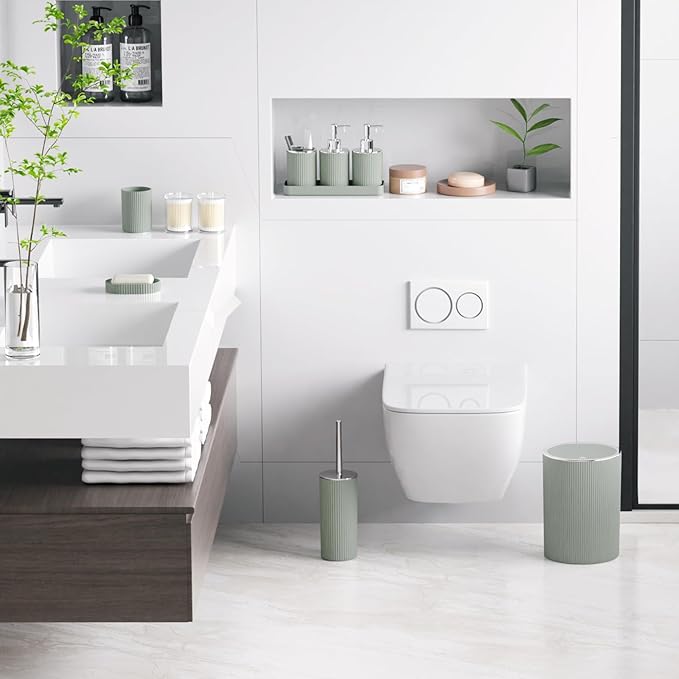 Sage Green Bathroom Accessories Set, 10PC Bathroom Set, Bath Accessory with Pop Up Trash Can, Soap Dispenser, Toilet Brush, Toothbrush Set Qtip Holders & Tray