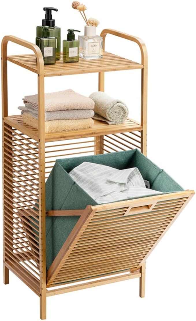 Bamboo Bathroom Storage Shelf with Tilt Out Laundry Hamper Tall Freestanding Organizer with Two Open Shelves for Towels and Toiletries Removable Fabric Bin 38 Inch Height Bathroom Furniture