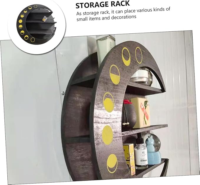 SHOWERORO Moon Shape Wall Storage Rack Black Wooden Sundries Shelf for Home Decor Easy to Install Multipurpose Display Organizer for Kitchen Bathroom