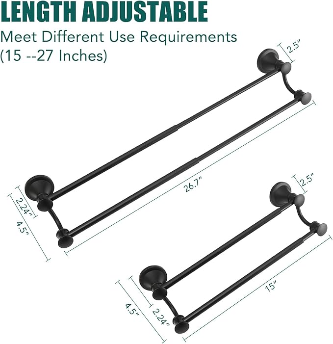 Hoimpro Adjustable Retractable 15-27 Inches Stainless Steel Bathroom Towel Bar, Bathroom Accessories Bath Hotel Double Towel Bar Rod Hanger Wall Mounted Towel Holder Towel Rack, Matte Black