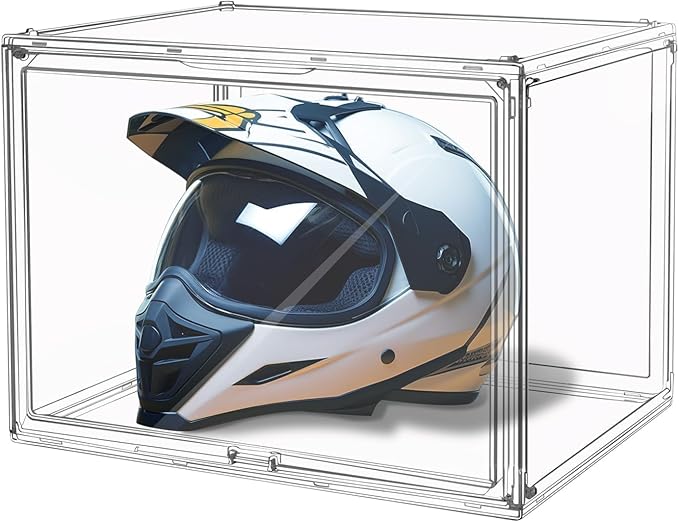 GUDEMAY Large Clear Stackable Plastic Storage Bins with Door, Dustproof Figures Collectibles Display Case, Football & Motorcycle Helmet Showcase, Basketball, Memorabilia Organizer Box (XL, Count, 1)