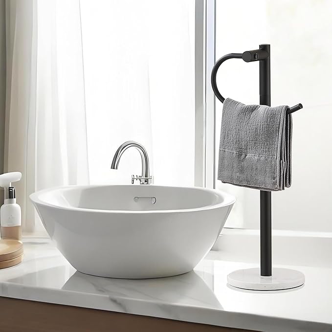 Modern Hand Towel Holder Stand, Freestanding Design with Marble Base,Good Decorating and Using in Bathroom or Kitchen to hange Hand Towel on Vanity countertop,Towel Rack (Black)