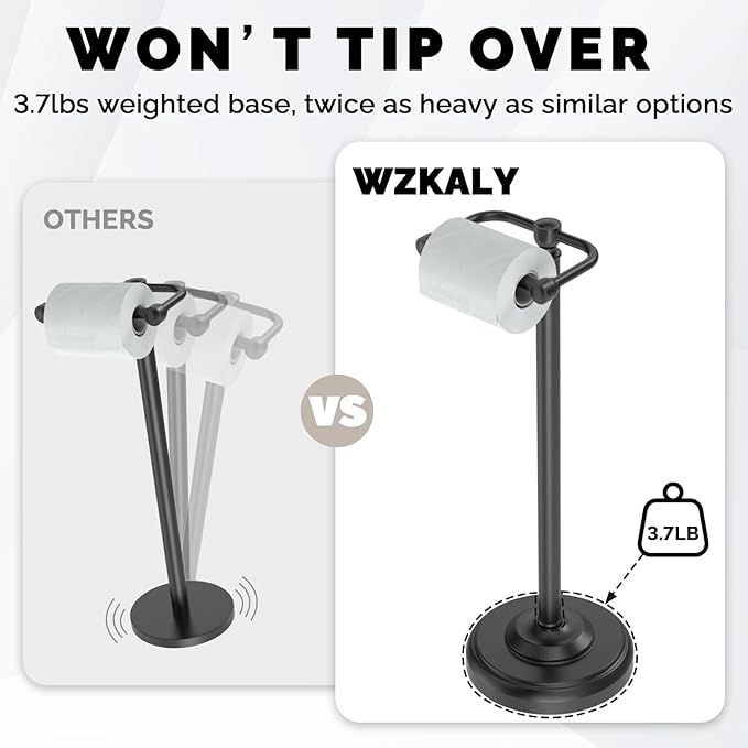 Black Toilet Paper Holder Stand, Matte Black Toilet Paper Holder Free Standing, Post Pivoting Design & Stable Weighted Base SUS304 Stainless Steel for Bathroom(Mega Roll)