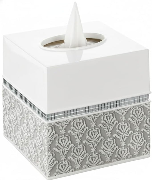 Creative Scents Mirror Damask Square Tissue Box Cover - Decorative Bathroom Tissues Paper Holder, Modern Napkins Container, Bottom Slider, for Cute Elegant Bathroom Decor (White & Gray)