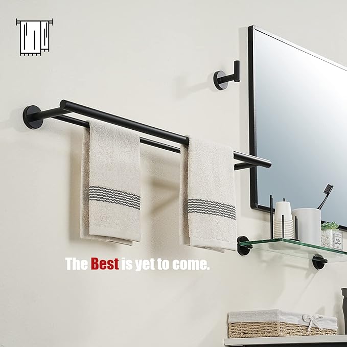 JQK Double Towel Bar 27 Inch, Matte Black Useable Length 24 Inch 304 Stainless Steel Thicken 0.8mm Bath Towel Rack for Bathroom, Towel Holder Wall Mount, TB100L24-PB