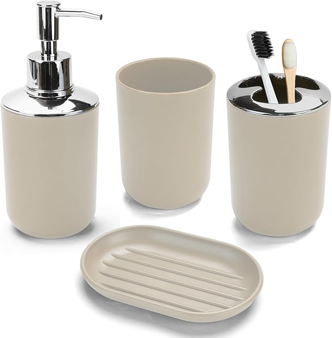 4 Pcs Beige Bathroom Accessories Set,Bohemian Bathroom Toothbrush Holder Set.Include Soap Dispenser, Soap Dish, Toothbrush Holder, Mouthwash Cup, Modern Bahtroom Decor Set