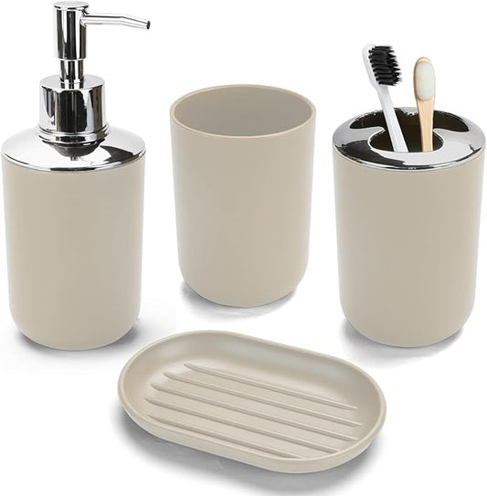 4 Pcs Beige Bathroom Accessories Set,Bohemian Bathroom Toothbrush Holder Set.Include Soap Dispenser, Soap Dish, Toothbrush Holder, Mouthwash Cup, Modern Bahtroom Decor Set