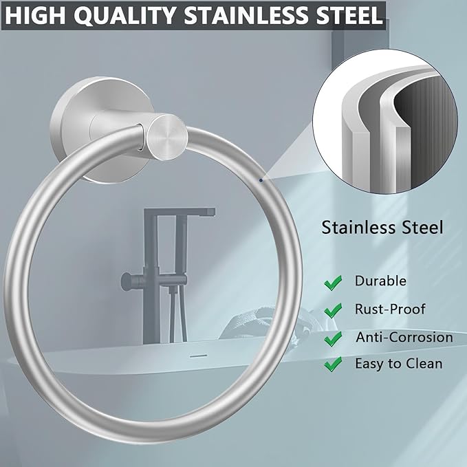 WOOPHEN Hand Towel Ring, Thicken Stainless Steel Bath Towel Holder Modern Round Towel Hanger Wall Mounted for Bathroom, Kitchen (Brushed Nickel)