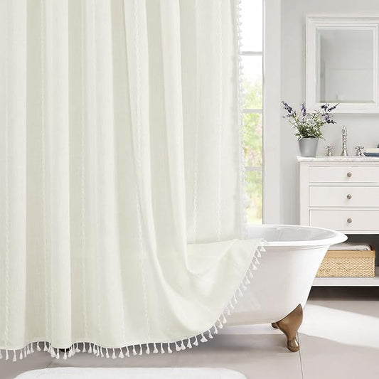 MitoVilla Boho Extra Long Shower Curtain 72 x 96,Ivory Modern Farmhouse 96 inch XL Polyester Linen Texture Tassel Fabric Shower Curtain Set with Hooks for Cottagecore Country Bathroom Decor,Ivory