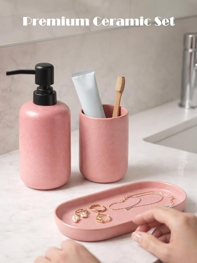 Ceramic Bathroom Accessories Set, Matte Red Soap Dispenser 15.5oz & Toothbrush Holder 10.6oz with Tray, Modern Countertop Set for Bathroom, Vanity, Kitchen Sink