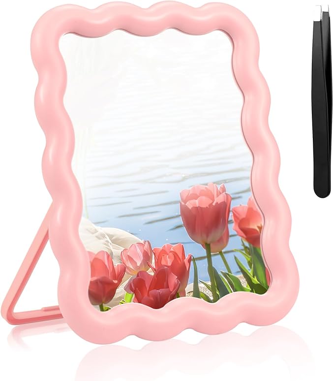 Desk Mirror, Wave-Shaped Adjustable Desk Vanity Makeup Mirror Office Cubicle with Eyebrows Tweezer, 6.7*5.3In Cute Travel Portable Folding Make Up Mirrors for Standing Hanging Home Decoration(Pink)