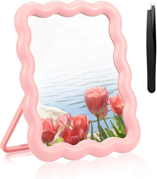 Desk Mirror, Wave-Shaped Adjustable Desk Vanity Makeup Mirror Office Cubicle with Eyebrows Tweezer, 6.7*5.3In Cute Travel Portable Folding Make Up Mirrors for Standing Hanging Home Decoration(Pink)