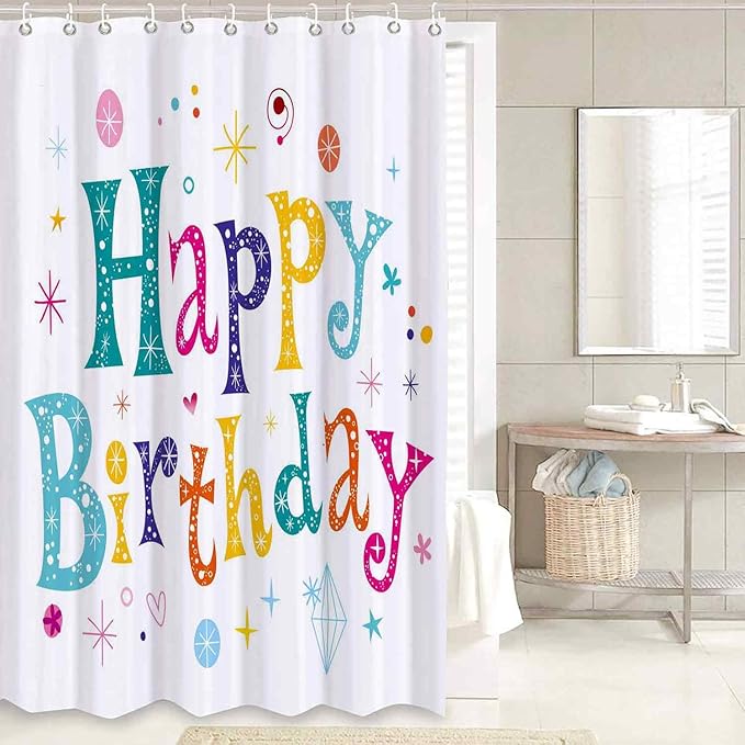 4 Pcs Colorful Happy Kids Birthday Shower Curtain Sets with Non-Slip Rugs, Lovely Kid's Birthday Shower Curtain Colorful Cartoon White Fabric Bathroom Shower Curtain with 12 Hooks, 72" x 72"