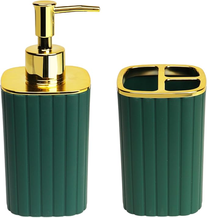 2Pack Bathroom Accessories Set, Forest Green Bathroom Set. Bathroom Toothbrush Holder Set, Includes Dispenser and Toothbrush Holder. Bohemian Bathroom Accessories