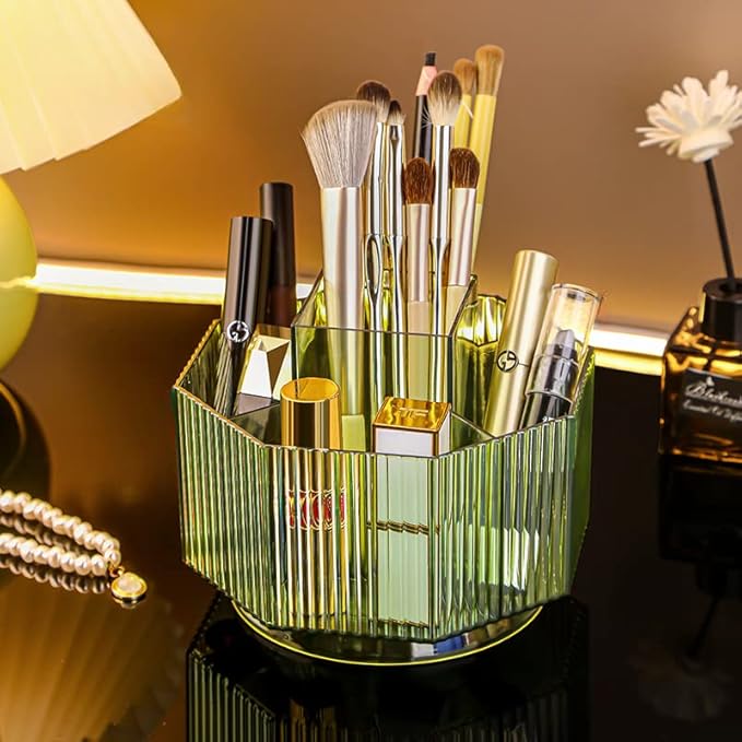 Makeup Brush Holder, 360?? Rotating Makeup Brush Organizer, Cosmetic Brushes Storage with 5 Slots for Vanity, Multi-Functional Pen Holder, Colored Pencil, Art Brushes Organizer for Desk (Green)