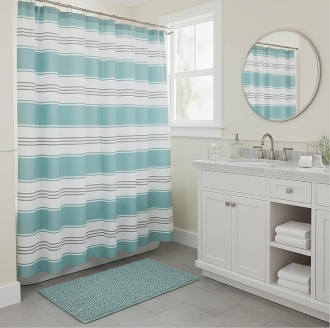 Serafina Home Nautical Striped Fabric Shower Curtain, Coastal Wide Stripe Design, Aqua Grey White, 70" x 72", with Hooks