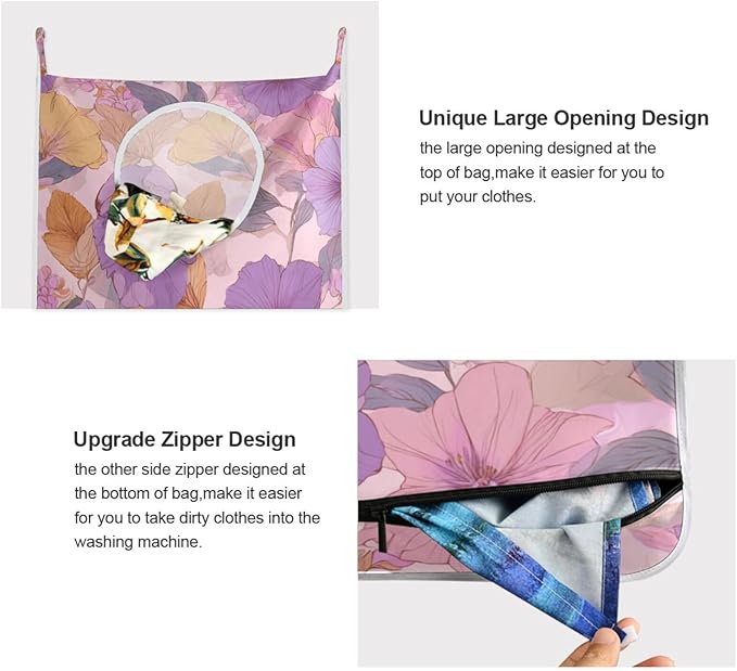 Hanging Laundry Hamper Bag Over the Door Laundry Hamper Wall Hamper Large Dirty Clothes Hamper with Stainless Steel Hooks 29.5X20inch 1PCs Purple Floral Spring