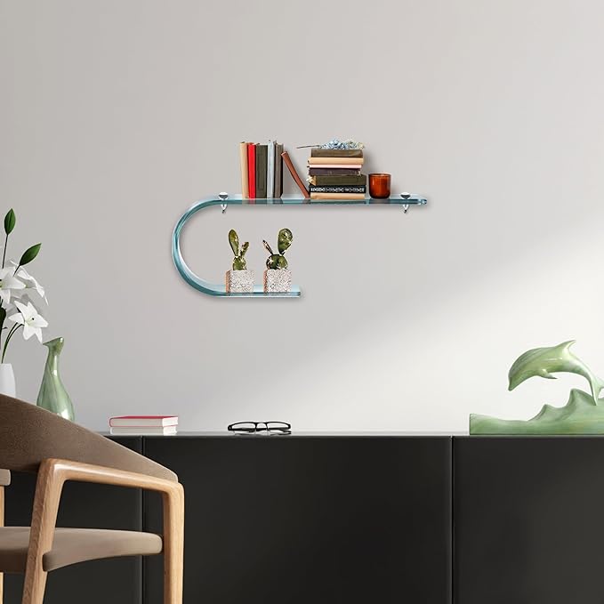 Bent Glass Shelf 4.75" X 19.75" Inch - 3/8 Inch Thick Floating Shelve with 2 Free Chrome Brackets and Screws For Bathroom, Living Room, Kitchen and Wall Decoration By Fab Glass And Mirror