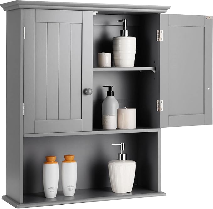 COSTWAY Wall Mounted Bathroom Cabinet, Over the Toilet Storage Cabinet w/Double Doors & Adjustable Shelf, Wood Hanging Medicine Cabinet for Living Room, Entryway, Kitchen (Gray)