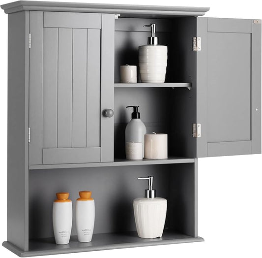 COSTWAY Wall Mounted Bathroom Cabinet, Over the Toilet Storage Cabinet w/Double Doors & Adjustable Shelf, Wood Hanging Medicine Cabinet for Living Room, Entryway, Kitchen (Gray)