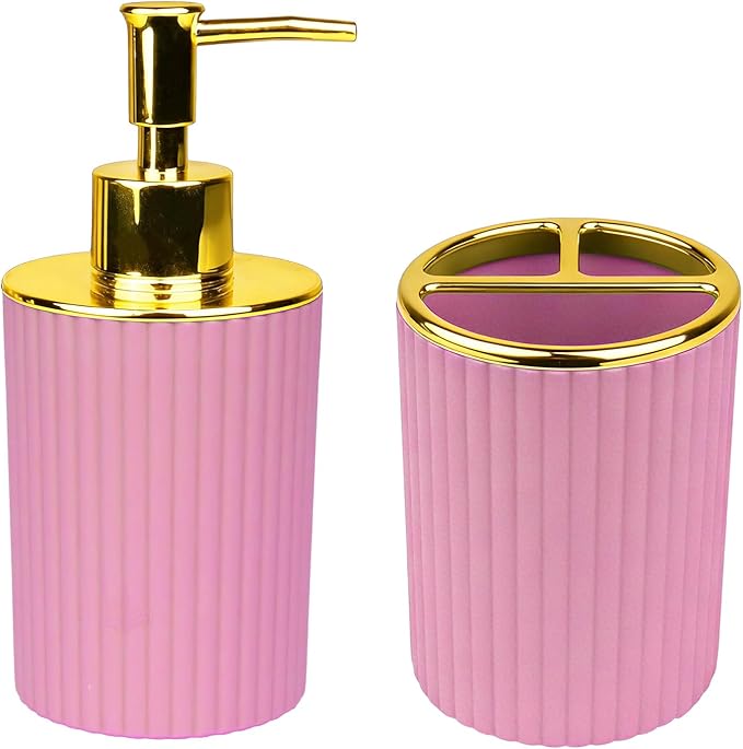 Bathroom Accessories Set, 2-Piece Pink & Gold Soap Dispenser & Toothbrush Holder, Modern ABS Vanity Organizer for Countertop, Minimalist Bathroom Decor