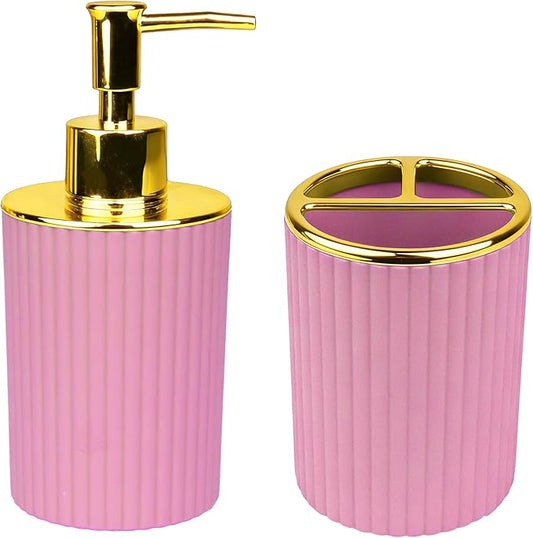 Bathroom Accessories Set, 2-Piece Pink & Gold Soap Dispenser & Toothbrush Holder, Modern ABS Vanity Organizer for Countertop, Minimalist Bathroom Decor