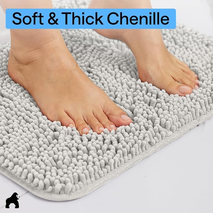 GORILLA GRIP Bath Rug Mat 54x24, Soft Absorbent Chenille, Quick Dry Microfiber Mats, Rubber Backing Washable Shower Floor Rugs, Bathmat Runner, US Designed Bathroom Home Decor Accessories Light Gray