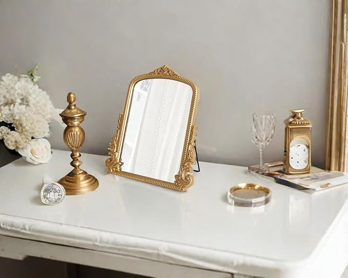 TenFuju Champagne Gold Vintage Baroque Vanity Mirror, Small Arched Tabletop Makeup Mirror, Free Standing Mirror for Dresser, Bedroom, Living Room, 11.8" x 9.6"
