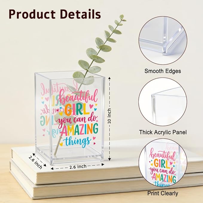 Beautiful Girl You Can Do Amazing Things Acrylic Cosmetic Pencil Pen Holder, Vanity Accessories Makeup Organizer for Daughter Sister, Encouragement Gifts for Makeup Lover, Make Up Brush Holder