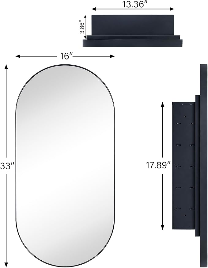 Chrome Oval Recessed Bathroom Medicine Cabinet with Mirror Stainless Steel Metal Framed Oblong Pill Shaped Bathroom Cabinet with Mirror 16x33''
