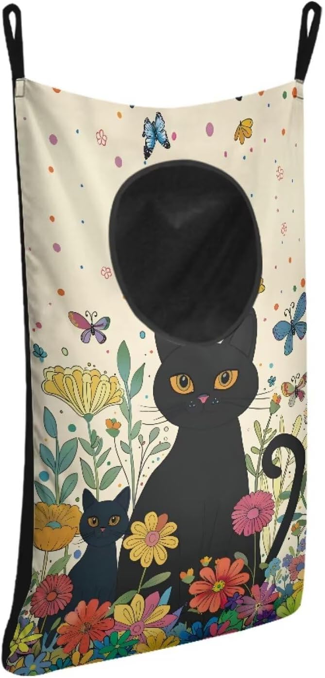 ZOUTAIRONG Black Cat Flower Hanging Laundry Hamper Kids Girls Laundry Basket Laundry Hamper Space Saving Home Storage Organizer Clothes Hampers