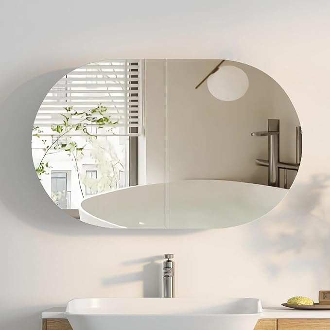 Oval Medicine Cabinet Mirror for Bathroom,White Medicine Cabinet with Mirror, Oval Mirror Cabinet Wall Mounted with 3 Storage,2 Doors,38x24Inch