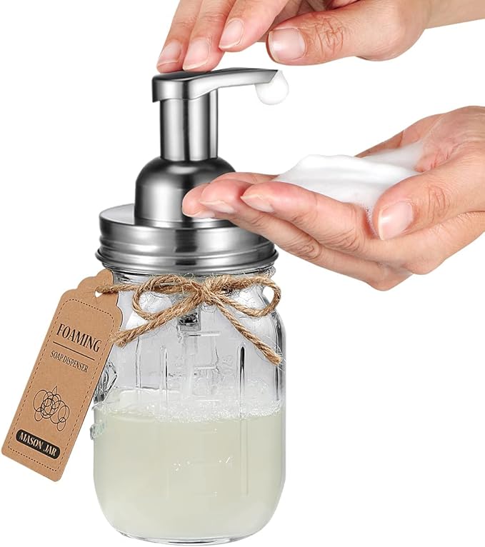 Amolliar Mason Jar Bathroom Accessories Set(4 Pack) - Foaming Soap Dispenser&Qtip Holder &Toothbrush Holder-Rustic Farmhouse Decor Bathroom Organizer Apothecary Jar Country Countertop (Brushed Nickel)