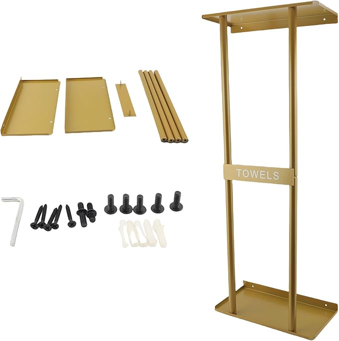 Vertical Towel Rack Wall Mounted - Metal Rolled Towel Holder, 31 Inch Black Space Saving Bathroom Storage Shelf for Shower, Toilet & RV (Golden)