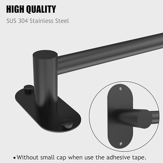 Towel Bar, Adjustable 14.4inch - 25.2inch Towel Rack, Self Adhesive & Wall Mounted for Bathroom Kitchen Hand Towel Holder Cloths Hanger 304 Stainless Steel Single Bar (3, Matte Black)