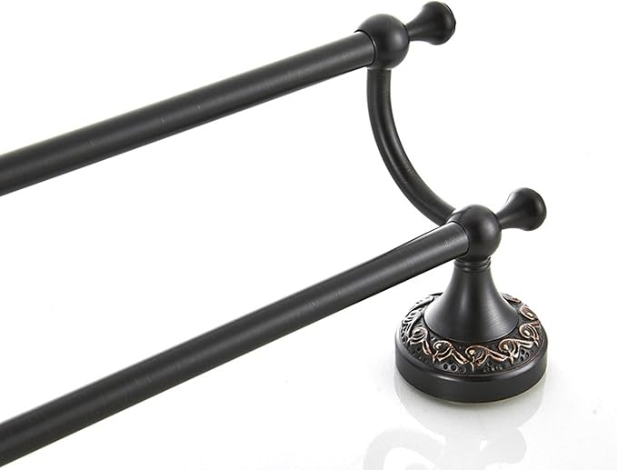 Oil Rubble Bronze Brass Double Towel Bar, Adjustable 15.5 to 27.5 Inch Bath Towel Bar Rack for Bathroom Towel Holder, Wall Mounted Black Bathroom Hardware Accessories,Pattern Carving Design