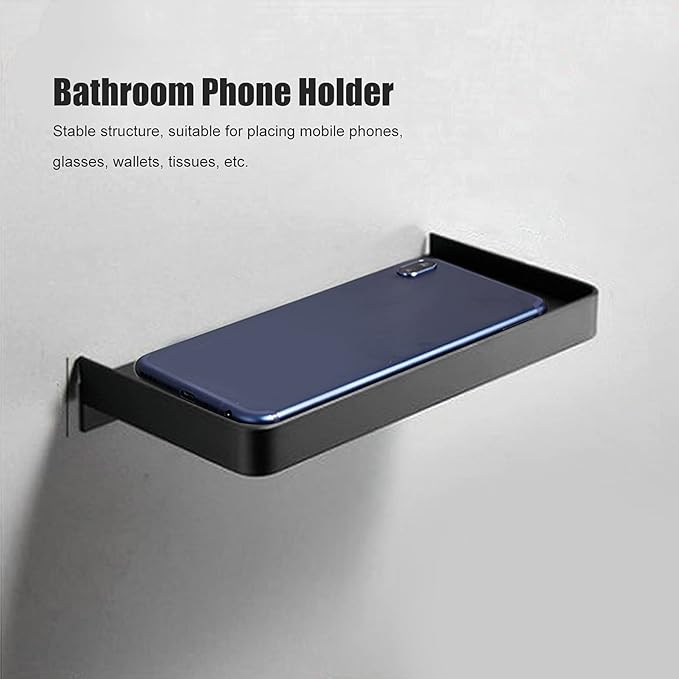 Bathroom Wall Mounted Phone Shelf, Stainless Steel Phone Holder with Raised, Phone Storage Rack for Bathroom Toilet (Black)