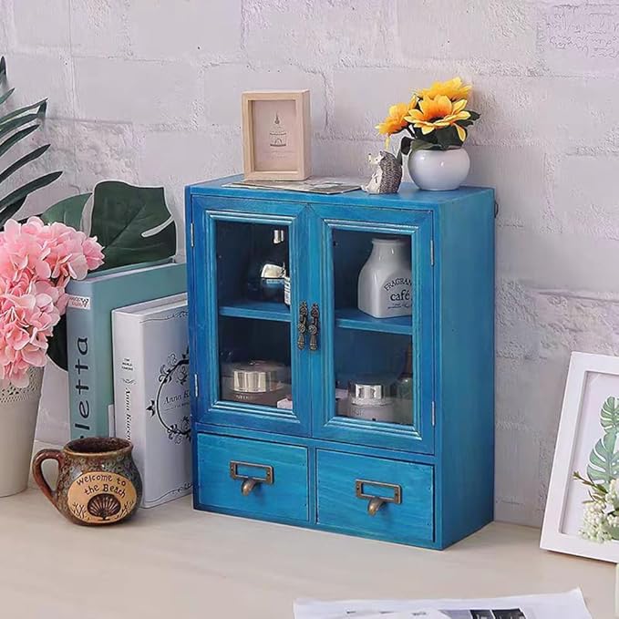 Rustic Vintage Mini Wood Counter Top Cabinet,Display Case with Organic Glass Door,Wall Storage Cabinet, that Sits on Countertop-Floating Shelf Organization12 x4.7"x14"(Blue)