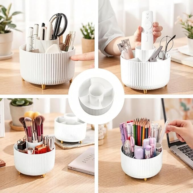 Makeup Brush Holder,360° Rotating Makeup Brush Organizer,5 Slot Make up Brushes Cup for Cosmetics,Large Capacity,For Nail Polish, Art Supply, Bathroom Vanity,Cosmetics Organizer,White