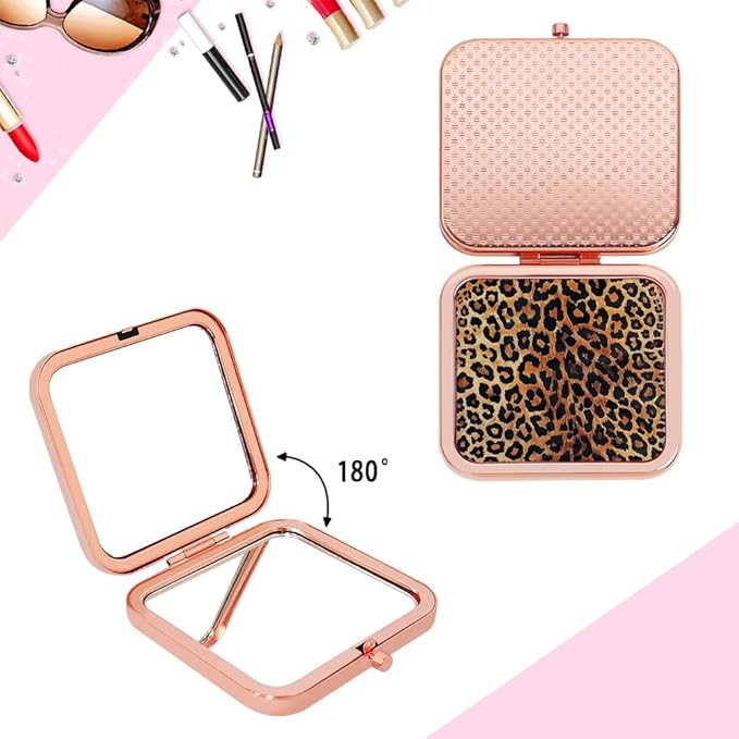 Pocket Mirror, Small Travel Mirror with Magnification, Portable Double-Sided Magnifying Cosmetic Mirror for Daily Rose Gold Leopard Print