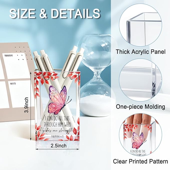 I Can Do All This Through Him Who Gives Me Acrylic Cosmetic Pencil Holder Cup, Butterfly Religious Christian Gifts for Women Girls, Inspirational Bible Verse Pen Holder for Home Office Desk