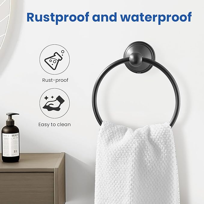 sagetta Matte Black Hand Towel Holder Towel Ring Set with Toilet Paper Holder 5.55-Inch Bath Towel Ring Diameter Wall Mount