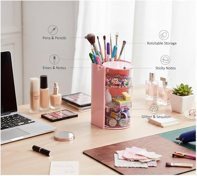 3-Layer(pink) Clear Hair Accessories Organizer,Hair Caddy Organizer,with Hair Brushes Holder Rotatable Small Jewelry Box for Hair Clip, Earring Necklaces, Makeup Brush, Hair Accessories.