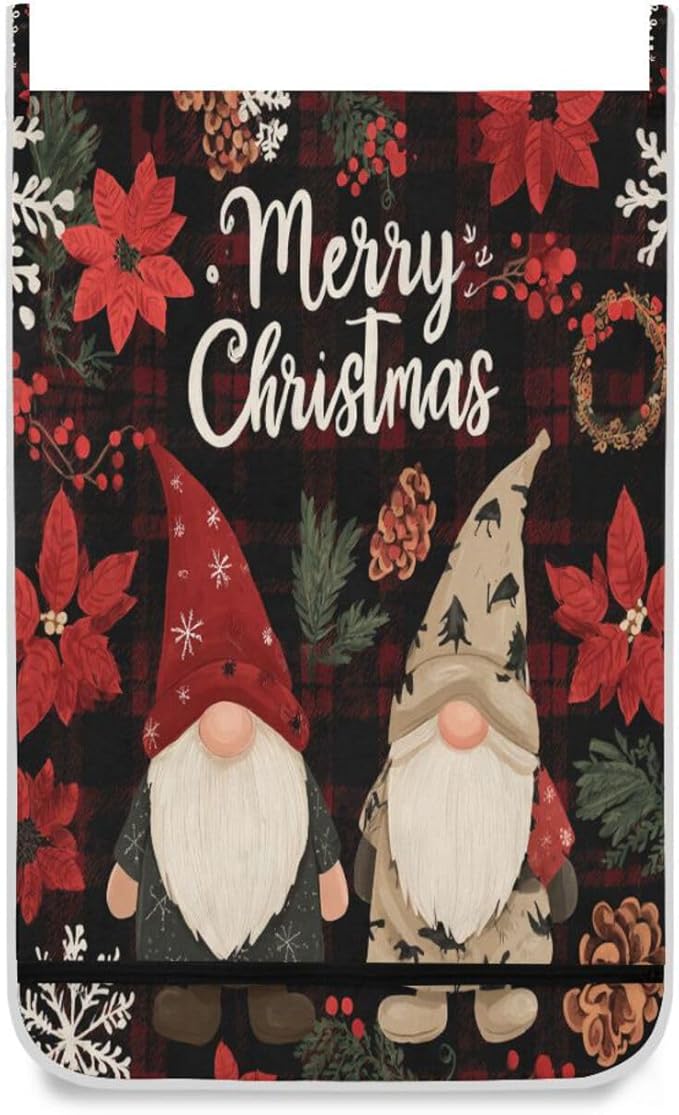 Checkered Christmas Floral Gnomes Hanging Laundry Hamper Door Hampers Bag Basket with Stainless Steel Hooks Oxford Fabric Printing Decorative Clothes Bags 29.5X20inch 1Pack