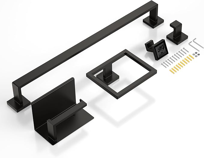 5-Piece 23.6 Inch Matte Black Bathroom Accessories Set, Bathroom Hardware Set, SUS304 Stainless Steel Bath Towel Bar Set, Toilet Paper Holder with Shelf, Towel Hooks, Towel Ring Wall Mounted