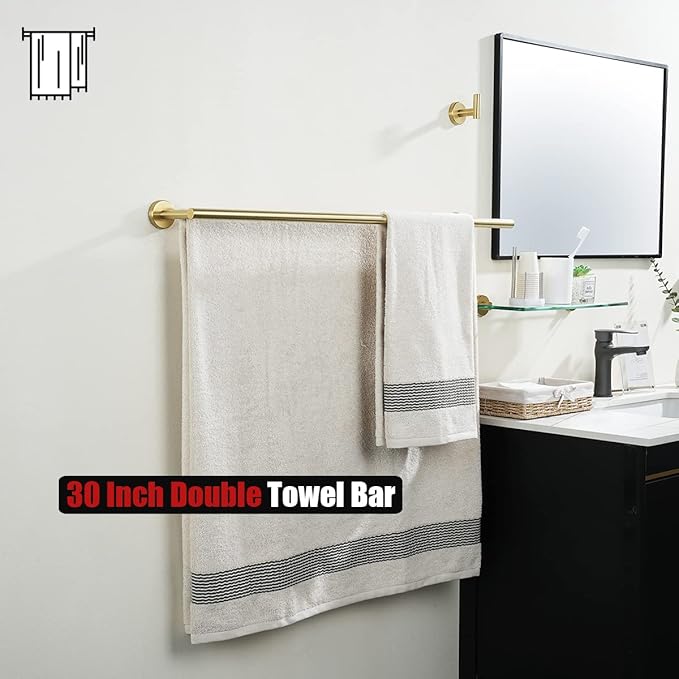 JQK Double Bath Towel Bar, Brushed Gold 33 Inch 304 Stainless Steel Thicken 0.8mm Towel Rack for Bathroom, Towel Holder Wall Mount, Useable Length 30 Inch 2 Pack, TB100L30-BG-P2