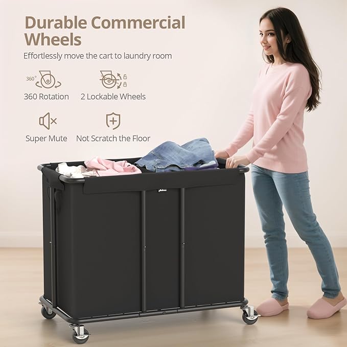 Hodonas Laundry Hamper with Wheels, 2-Section 230L (61Gal) Large Capacity, Heavy-Duty Rolling Clothes Basket with Silent Rubber Casters & Detachable Oxford Bags for Home, Black, 31.5"Lx15.75W"x30.7"H