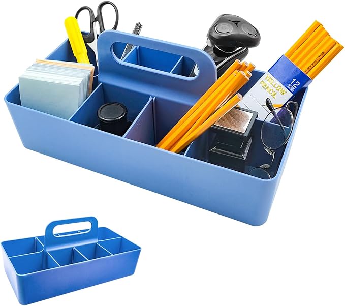 New Plastic Portable Makeup Organizer Caddy Tote Divided Basket Bin with Handle, DIY Divider, 8 Compartments - Office Supplies Organizer -Blue